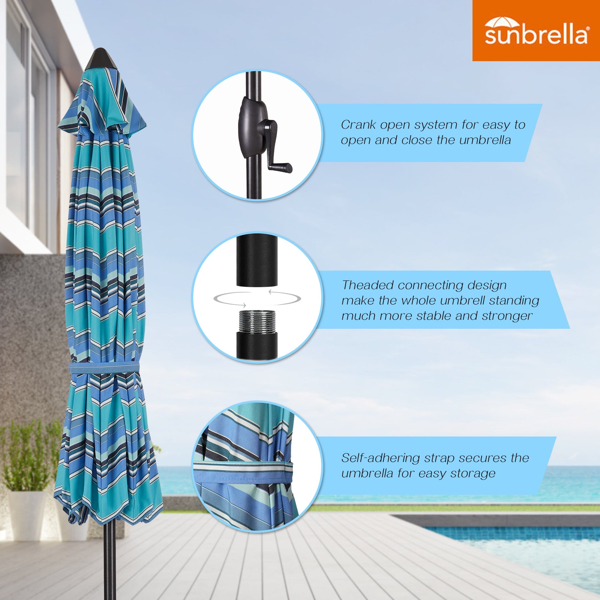 PATIO TREE Patio 9Ft Market Umbrella Stripe With Sunbrella®, Outdoor Table Umbrella for Patio,Porch (Dolce Oasis)