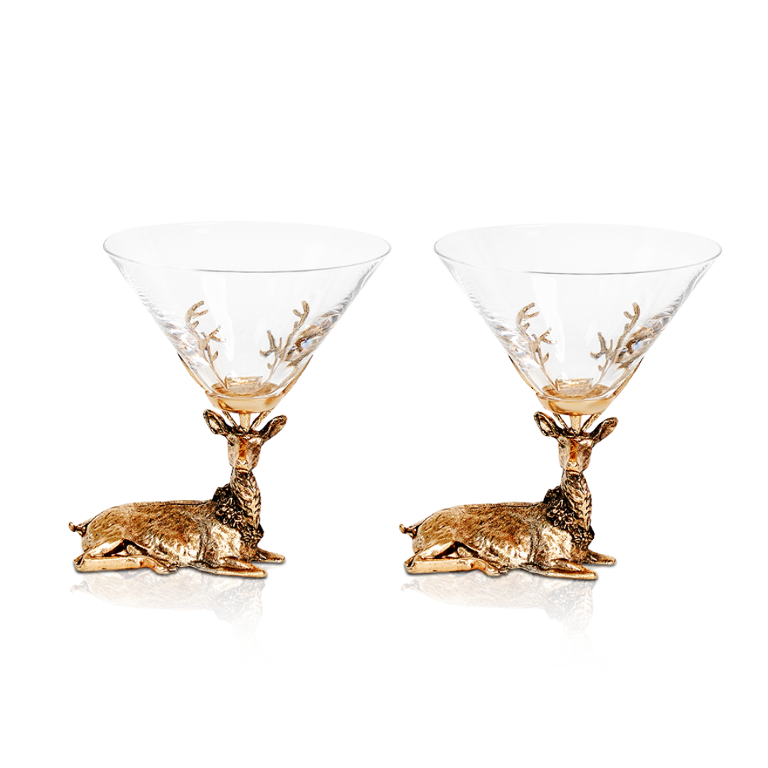 Gold Stag Deer Martini Glasses Jersey Art Glass