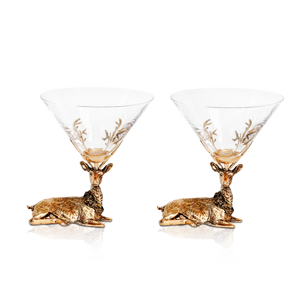 Gold Stag Deer Martini Glasses Jersey Art Glass