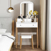 Vanity Table Set with Cushioned Stool and Large Mirror - White