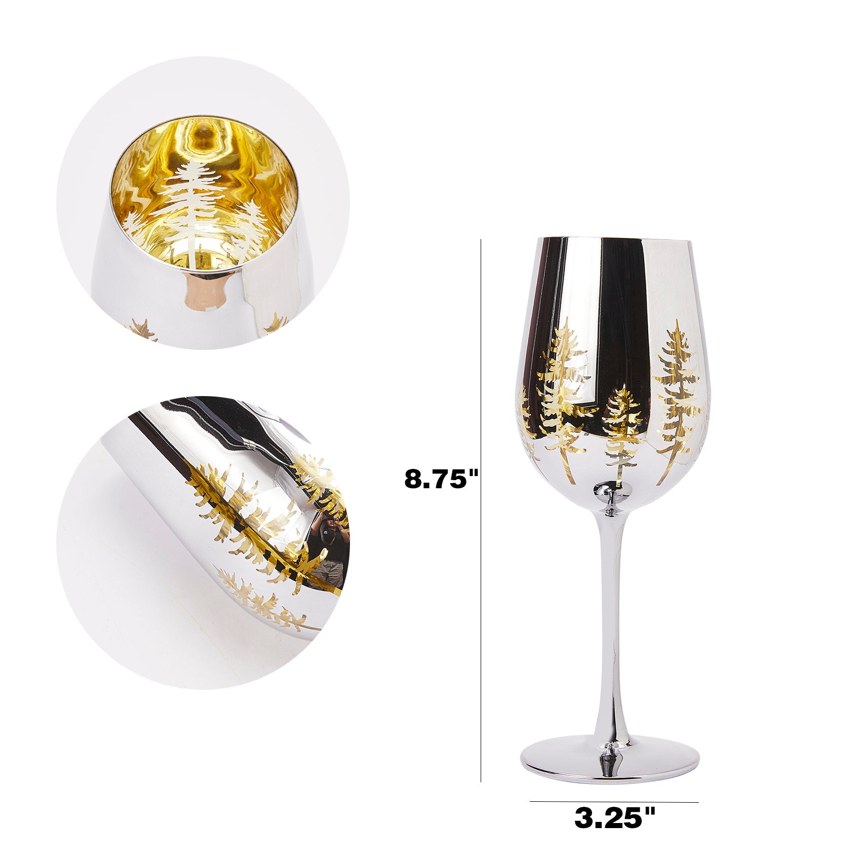 Crystal Christmas Tree Stemmed Wine & Water Glasses - Set of 2 - Holiday Themed Vibrant Gold Etched Winter Snow Wonderland Frosted Glass, Perfect For Seasonal Parties, Gifts for Him & Her Trees Décor