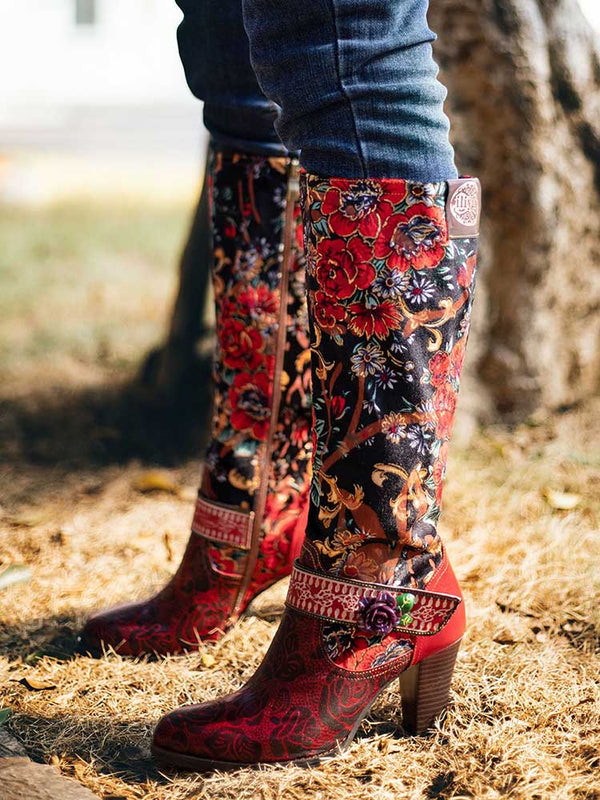 Handmade Floral Embossed Embroidery Elegant Boots