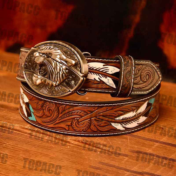 Waist 42-46 inch Western Leather Feather Belt - Block Buckle