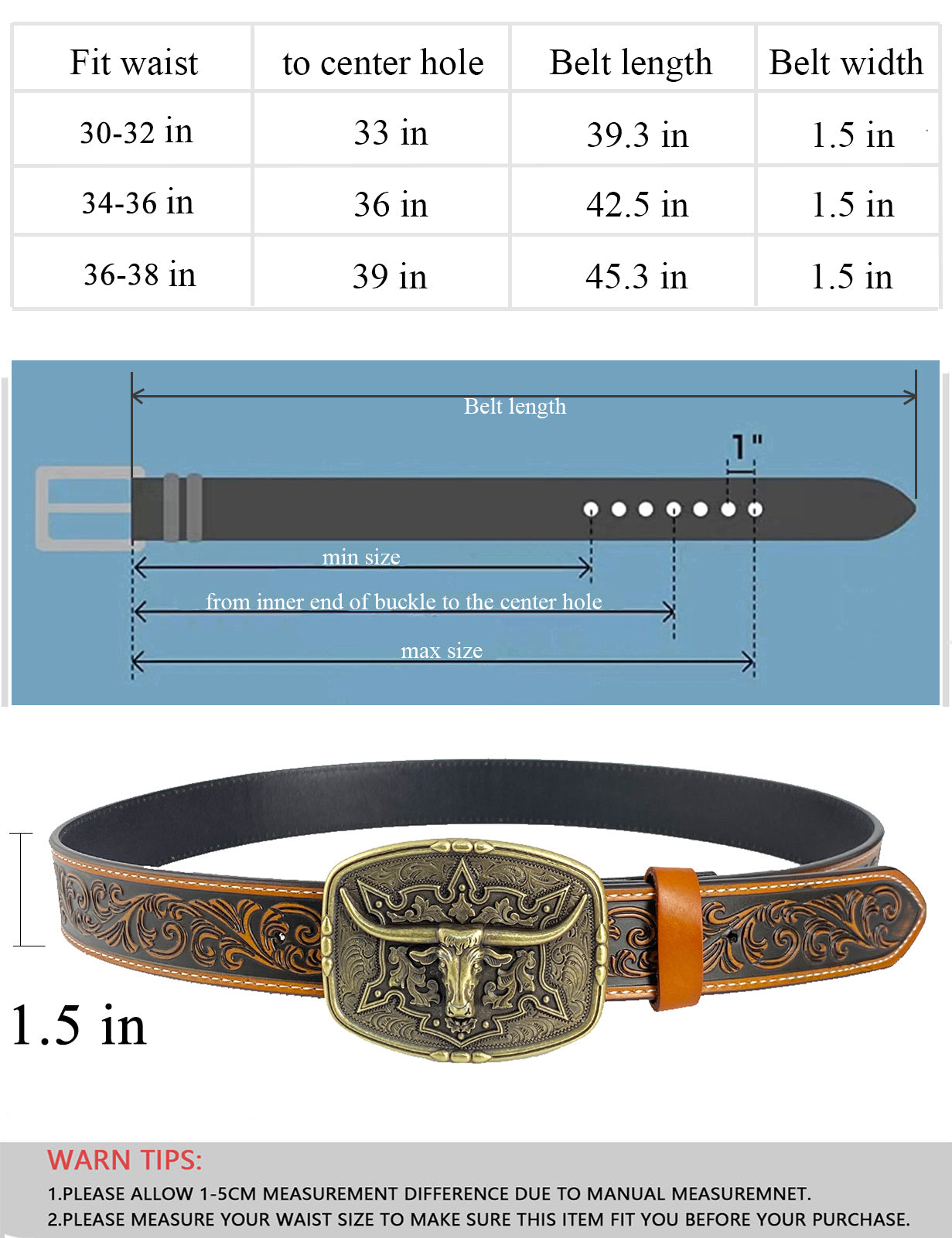 TOPACC Western Genuine Leather Pattern Tooled Belt-Pattern Longhorn Cow Belt Buckle Copper/Bronze
