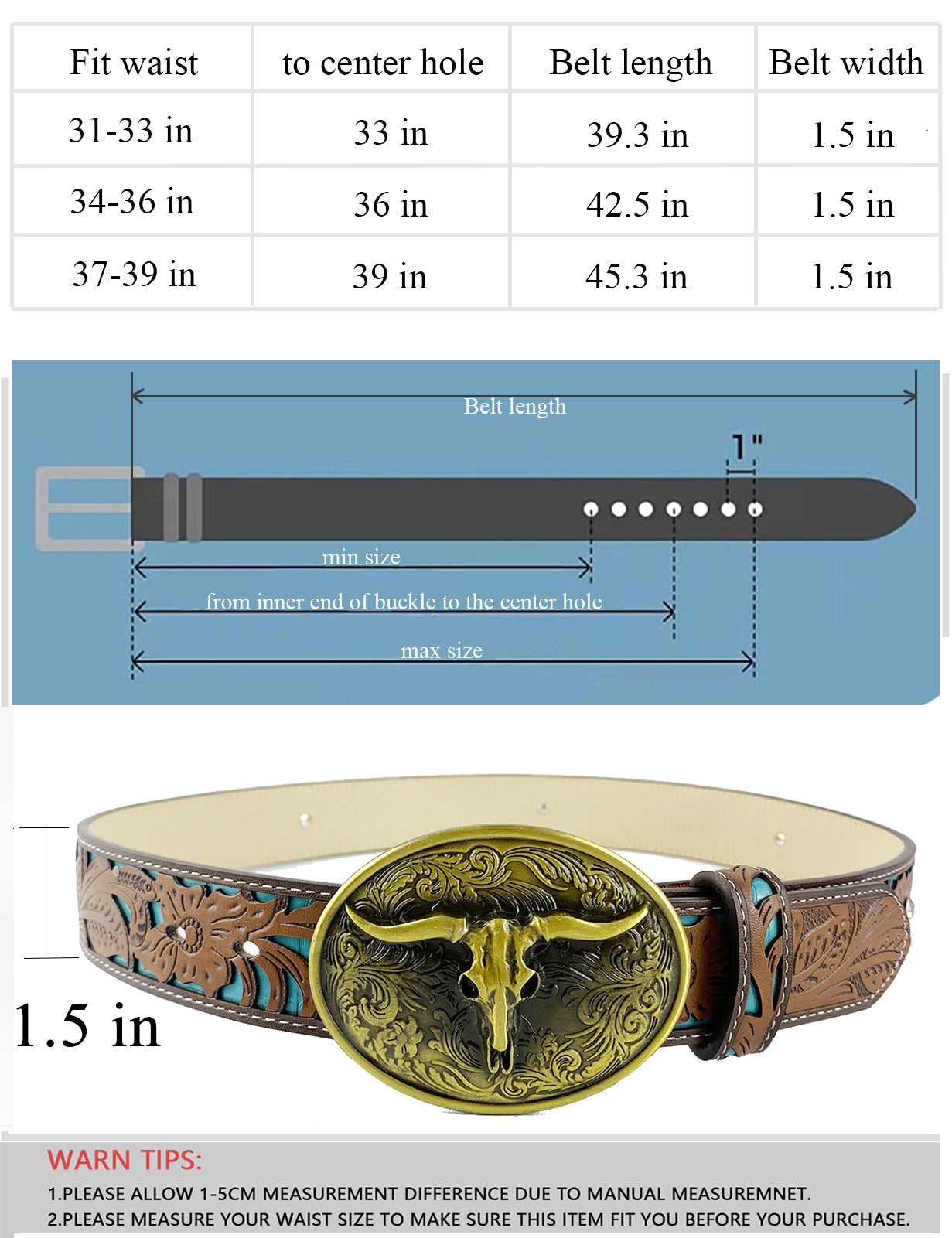 TOPACC Western Turquoise Belts - Longhorn Cow Bull Belt Buckle Copper/Bronze