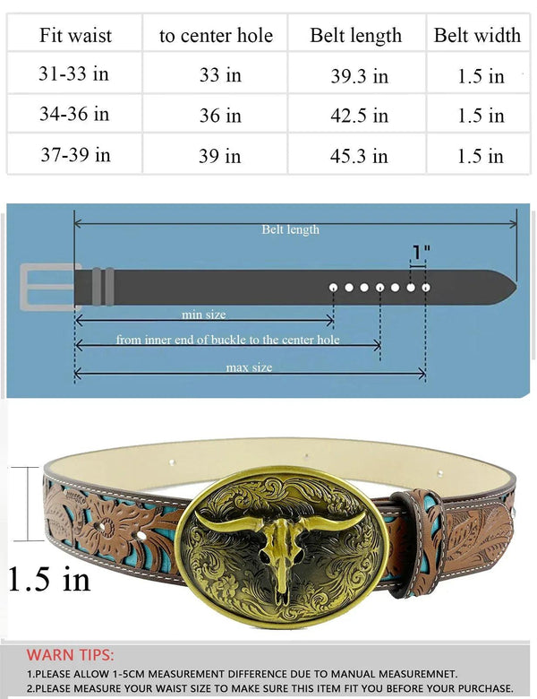TOPACC Western Turquoise Belts - Longhorn Cow Bull Belt Buckle Copper/Bronze - Gifts for You 'n Me