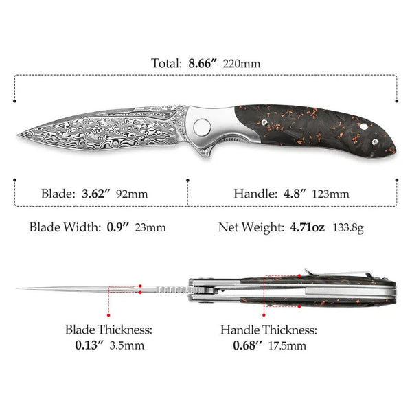 Requiem VG10 Ultralight Damascus Folding Pocket Knife with Titanium & Carbon Fiber Handle - Gifts for You 'n Me