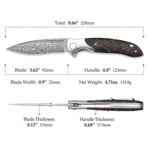 Requiem VG10 Ultralight Damascus Folding Pocket Knife with Titanium & Carbon Fiber Handle