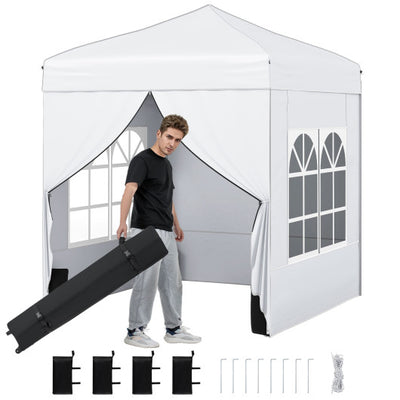 6.5 x 6.5 FT Pop up Canopy Tent with 4 Sidewalls and Wheeled Bag-white