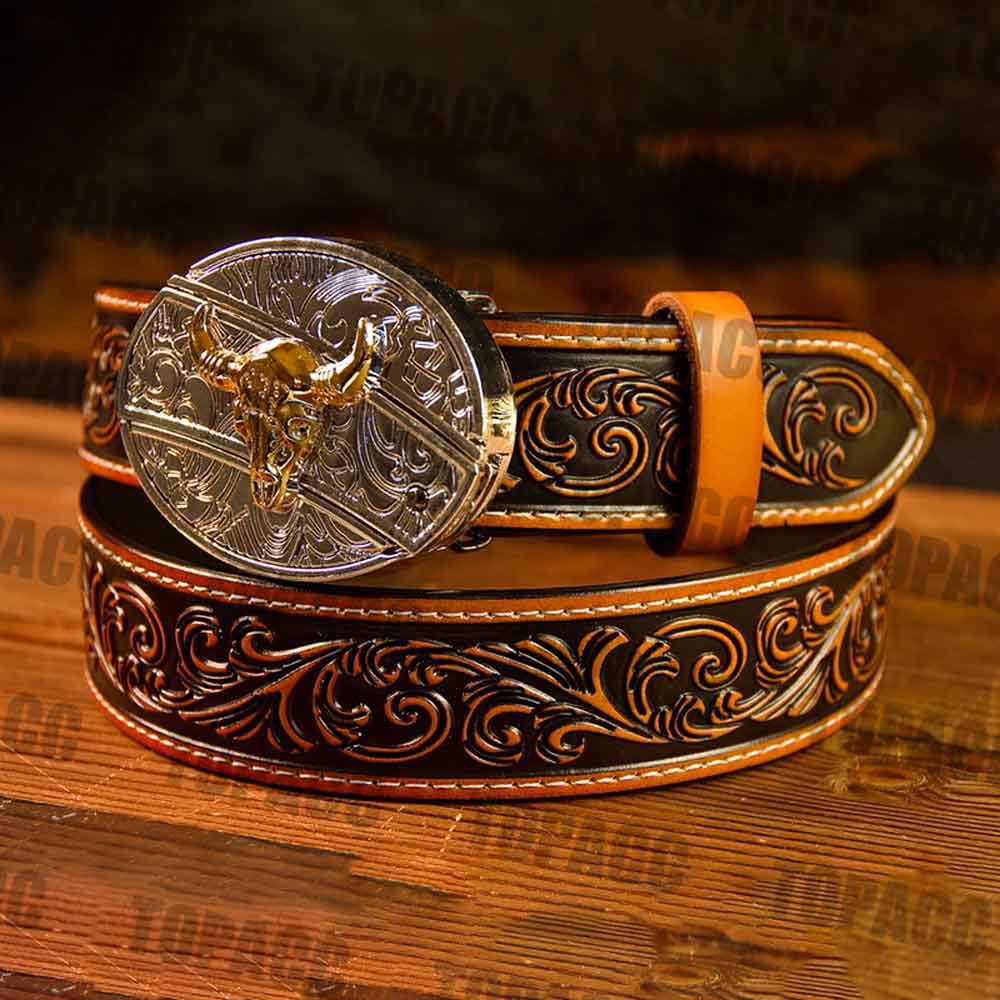 Brown Leather Belt with Two-tone Strap Holder Buckle