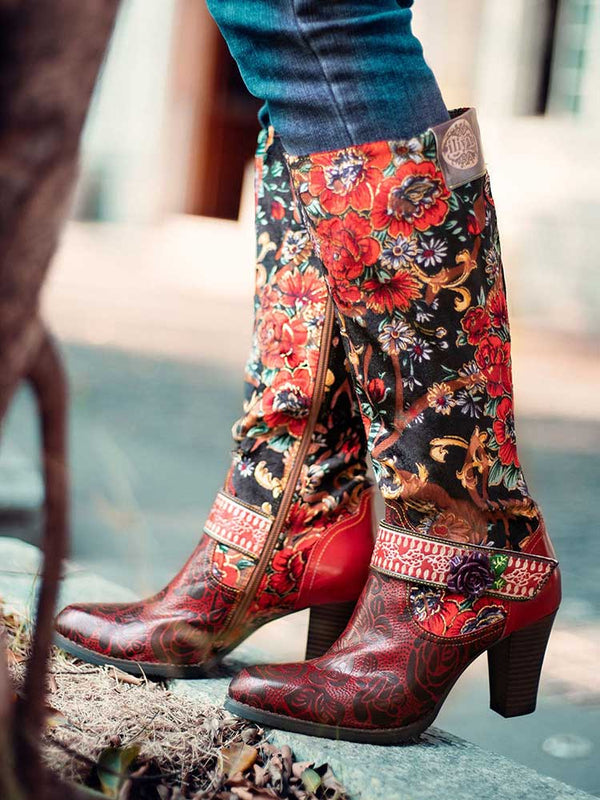 Handmade Floral Embossed Embroidery Elegant Boots