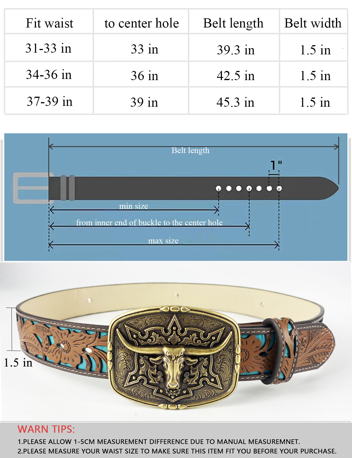 TOPACC Western Turquoise Belts - Pattern Longhorn Cow Belt Buckle Copper/Bronze