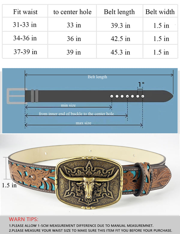 TOPACC Western Turquoise Belts - Pattern Longhorn Cow Belt Buckle Copper/Bronze