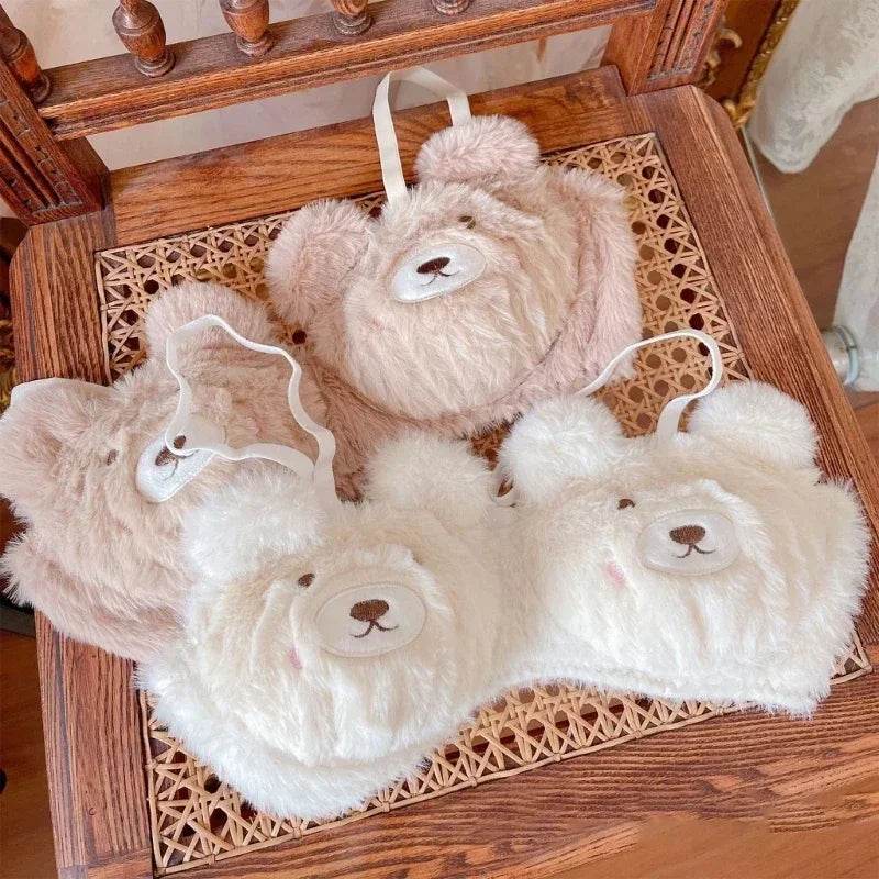 Women’s 2Pcs Furry Bra and Panty Set – Bear Pattern Fuzzy Plush Wireless Lingerie