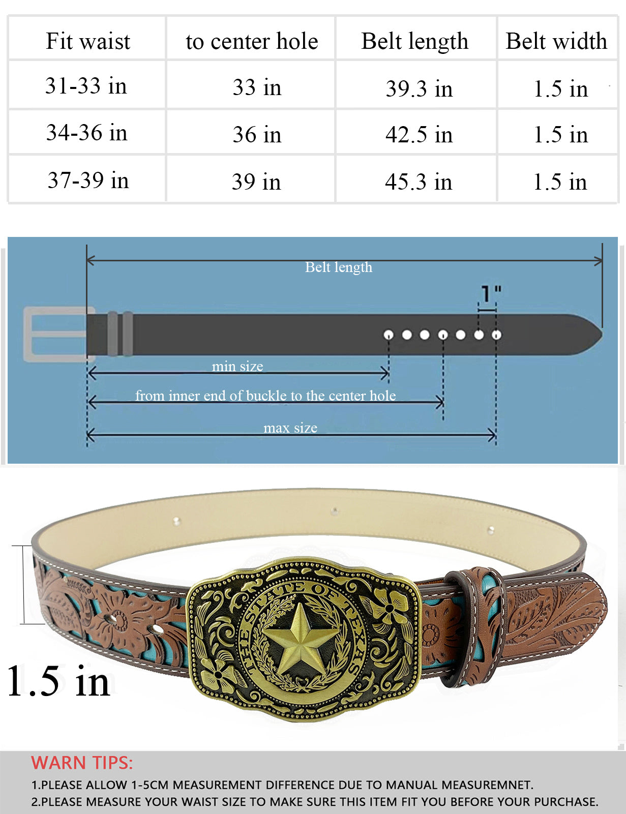 TOPACC Western Turquoise Belts - Pentagram 'The State Of Texas' Belt Buckle Copper/Bronze