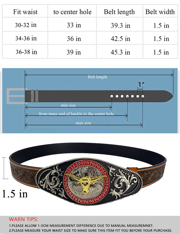 TOPACC Western Genuine Leather Pattern Tooled Belt - Rodeo Longhorn Bull Engraved Flower Belt Buckle
