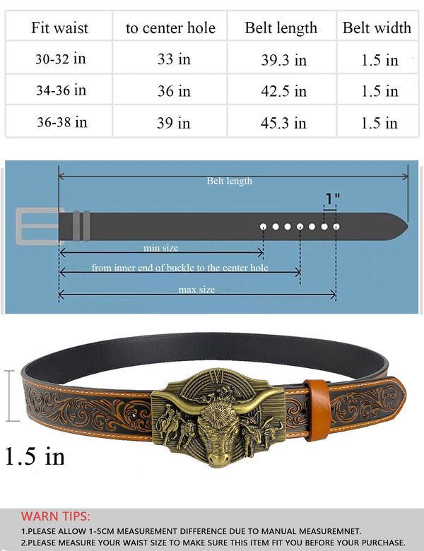 TOPACC Western Genuine Leather Pattern Tooled Belt-Longhorn Cow Belt Buckle Horseback Riding Copper/Bronze