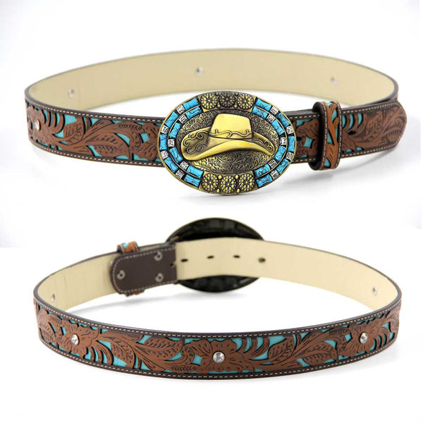 TOPACC Western Turquoise Belts - Cowboy Hat Belt Buckle Copper/Bronze