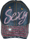 Bling Baseball Hat – Distressed Denim Cap with Pink & White Rhinestones