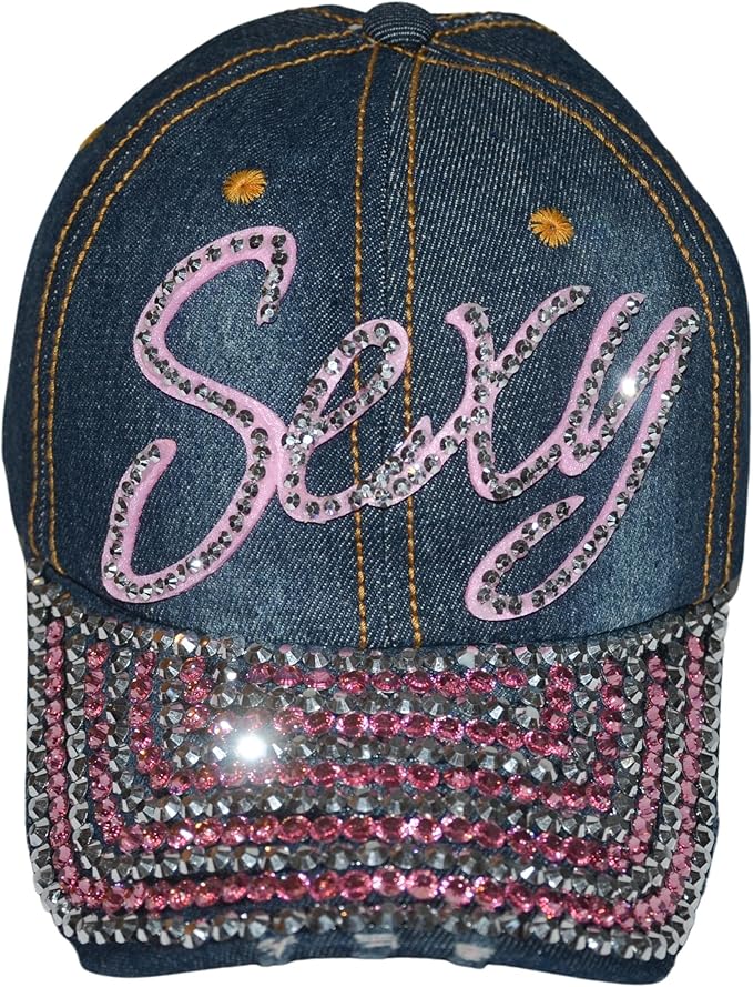 Bling Baseball Hat – Distressed Denim Cap with Pink & White Rhinestones