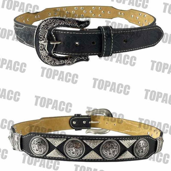 TOPACC Western Super Concho Longhorn Cow Bull Black Country Belts Genuine Leather - Gifts for You 'n Me