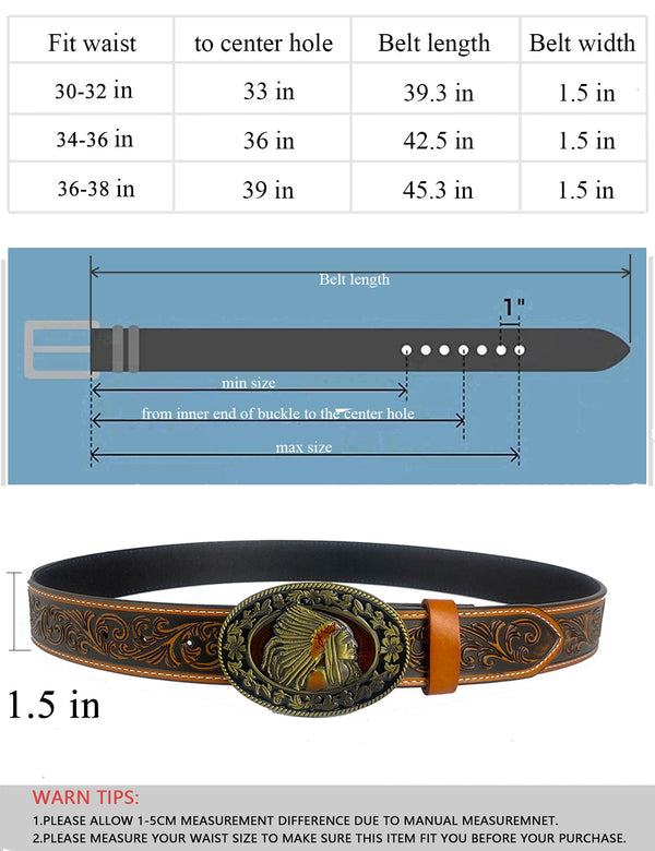 TOPACC Western Genuine Leather Pattern Tooled Belt-Indians Bronze drip oil Belt Buckle