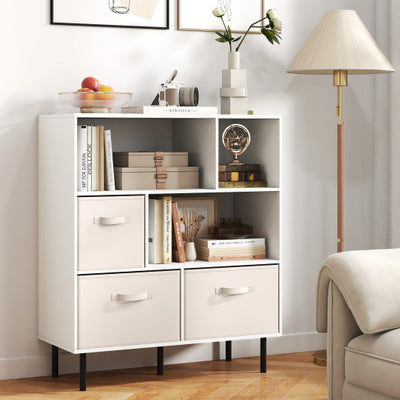 6-Cube Bookshelf with 3 Removable Folding Fabric Drawers for Living Room-White