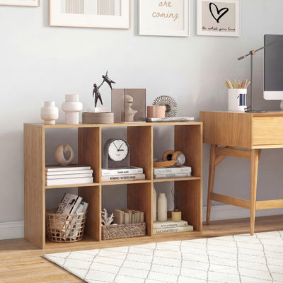 6 Cube Bookshelf with Back Guardrail for Living Room Bedroom-Natural