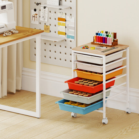 6-Drawer Rolling Storage Cart with Wooden Tabletop-Macaron
