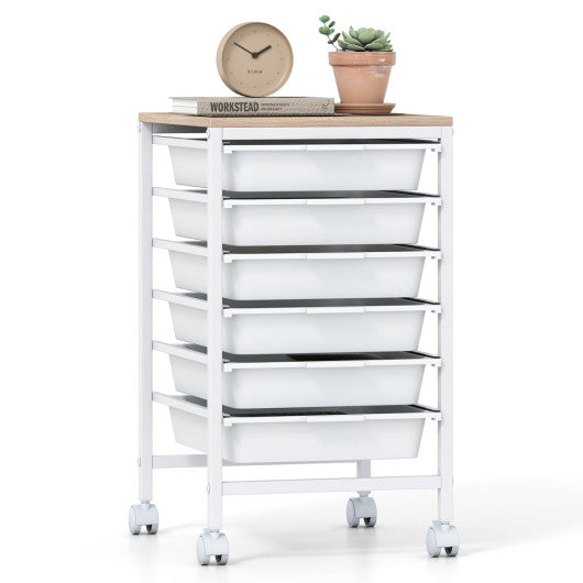 6-Drawer Rolling Storage Cart with Wooden Tabletop-White