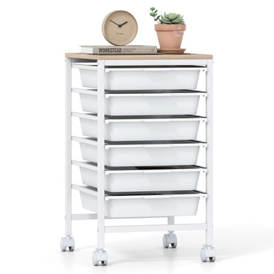 6-Drawer Rolling Storage Cart with Wooden Tabletop-White