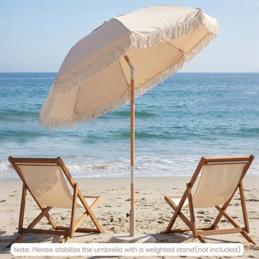 6 Feet Patio Umbrella with Fringe with Push Button Tilt and Wood Pole-White
