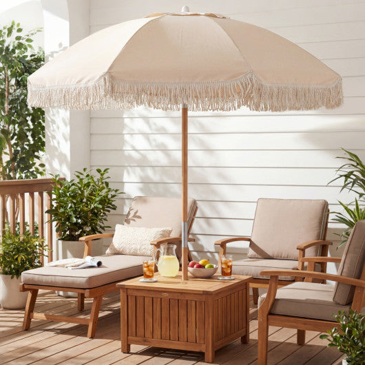 6 Feet Patio Umbrella with Fringe with Push Button Tilt and Wood Pole-Beige