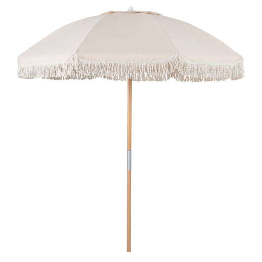 6 Feet Patio Umbrella with Fringe with Push Button Tilt and Wood Pole-White