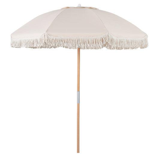 6 Feet Patio Umbrella with Fringe with Push Button Tilt and Wood Pole-White