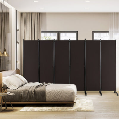 6 Panel 5.7 Feet Tall Rolling Room Divider on Wheels-Walnut