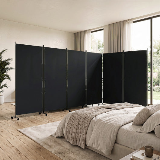 6 Panel Folding Privacy Screen Room Divider with Wheels-Black