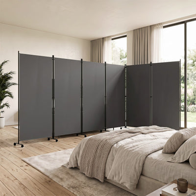 6 Panel Folding Privacy Screen Room Divider with Wheels-Gray