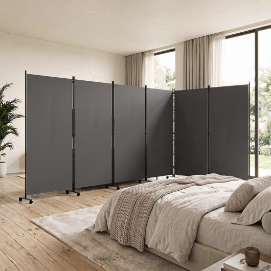 6 Panel Folding Privacy Screen Room Divider with Wheels-Gray