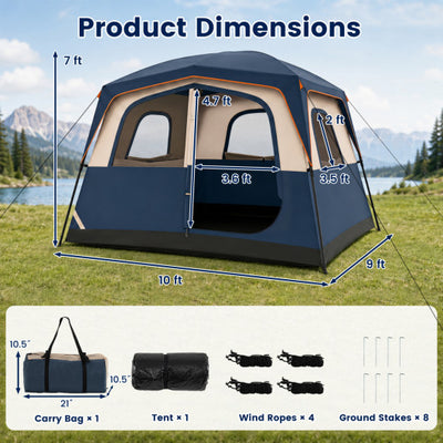 6-Person Camping Tent Easy Setup Family Cabin Tent with Top Rainfly Mesh Windows-Blue