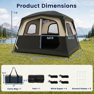 6-Person Camping Tent Easy Setup Family Cabin Tent with Top Rainfly Mesh Windows-Black