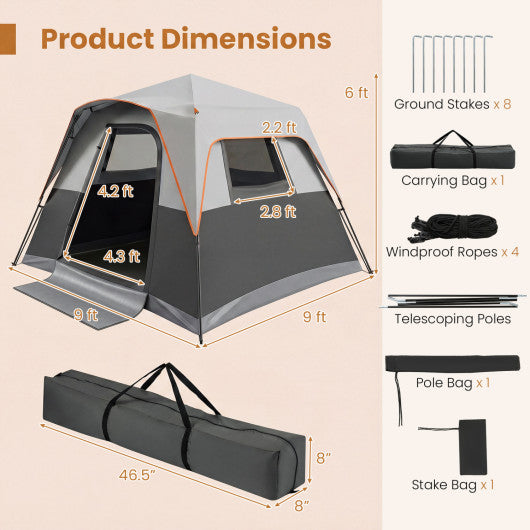 6-Person Outdoor Camping Tent Blackout Easy Setup Instant Cabin Tent with Rainfly and Carrying Bag-Grey
