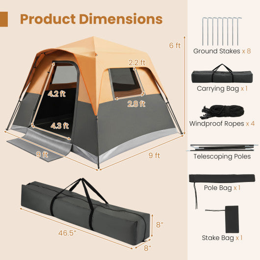 6-Person Outdoor Camping Tent Blackout Easy Setup Instant Cabin Tent with Rainfly and Carrying Bag-Orange