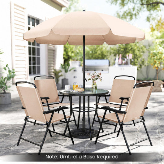 6 Pieces Patio Dining Set with Umbrella and 4 Folding Armchairs-Beige