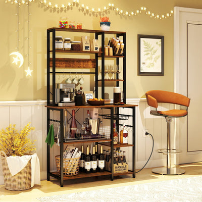 6-Tier Bakers Rack with Power Outlet Stand Wooden Open Shelves-Rusticbrown