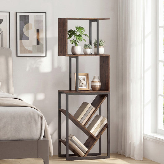 6-Tier Bookshelf Floor Standing Tree S-Shaped Geometric Bookcase with Open Shelves-Brown