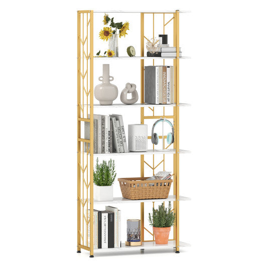 6-Tier Bookshelf Modern Geometric Bookcase with Heavy-duty Metal Frame and Anti-tipping Kits-White