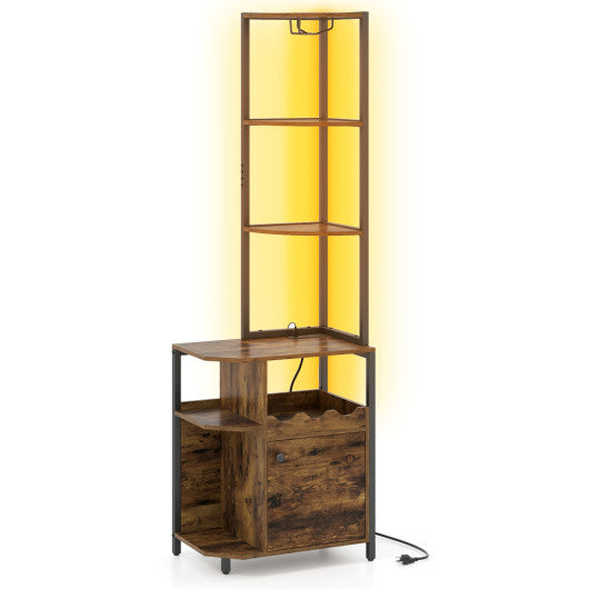 6-Tier Corner Bar Cabinet with LED Lights and Charging Station for Kitchen-Rustic Brown