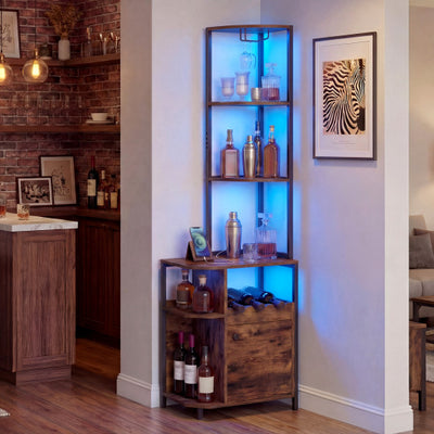 6-Tier Corner Bar Cabinet with LED Lights and Charging Station for Kitchen-Rustic Brown