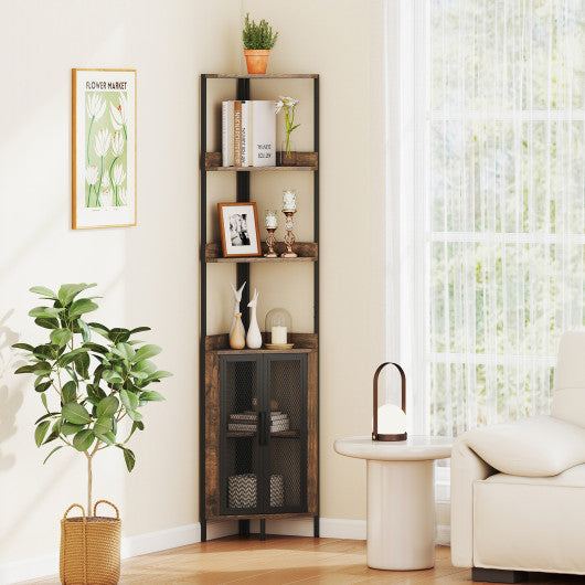 6-Tier Corner Shelf 67 Inches Tall Corner Bookshelf with Cabinet Industrial Bookcase-Brown